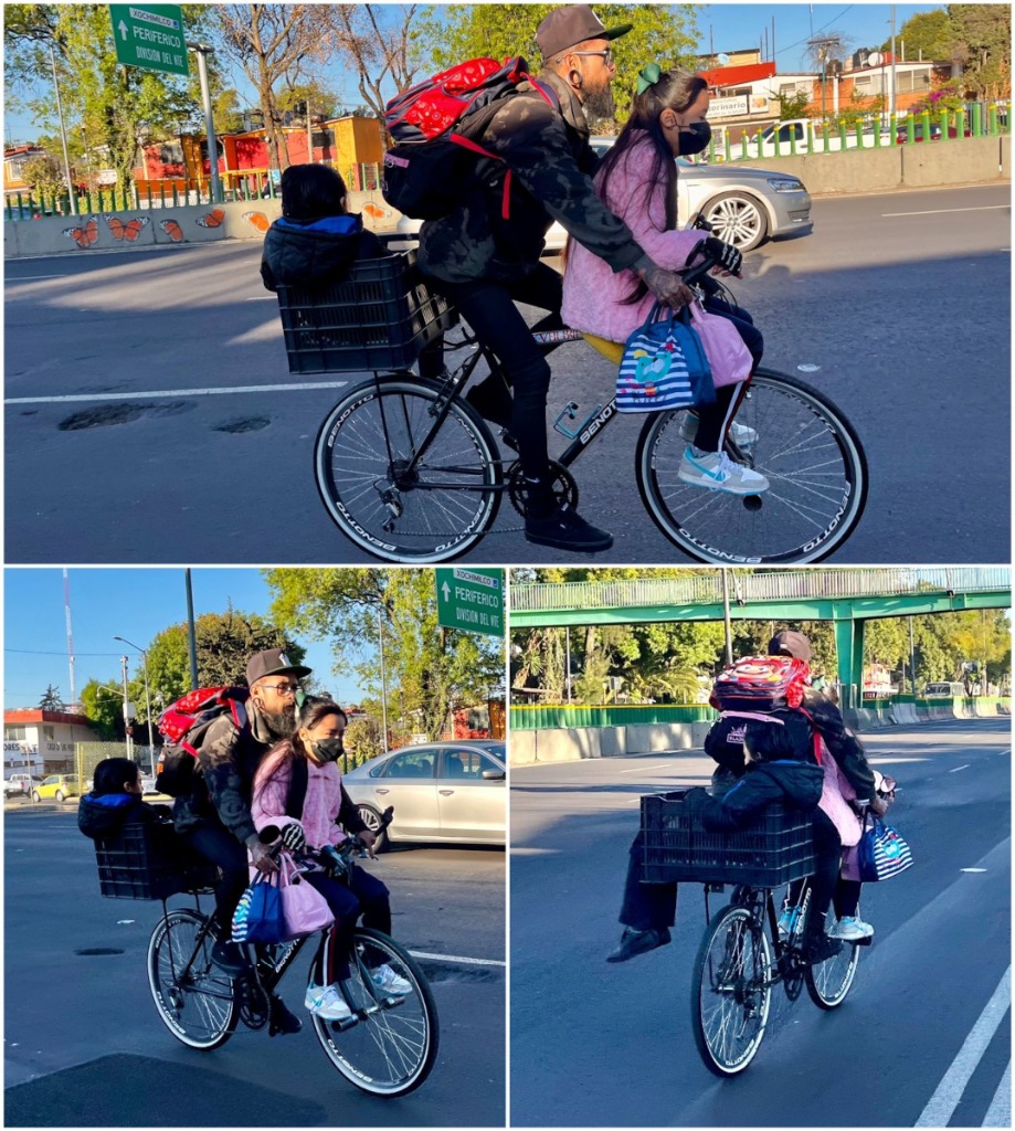 #DíaEnImágenes | Ciudad de México. Un padre de familia lleva a sus hijas a la escuela a bordo de una bicicleta y circula sobre calzada de Miramontes a la altura de la Glorieta de Vaqueritos, al sur de la metrópoli.
Foto: Luis Castillo / ‘La Jornada’ 