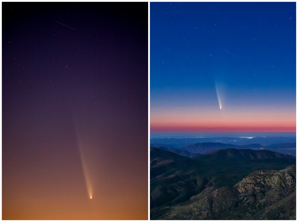 Baja California. El resplandor de Camalú y Punta Colonet se aprecian al horizonte de esta toma donde la suave luz de la luna ilumina las montañas mientras que planetas, estrellas, meteoritos y satélites comparten el firmamento con el cometa C/2023 A3 (Tsuchinshan-ATLAS), vistos desde el Mirador del Cóndor, en la Sierra de San Pedro Mártir, en esta entidad al norte de México. Foto ‘La Jornada Baja California” / Edgar Lima Garrido